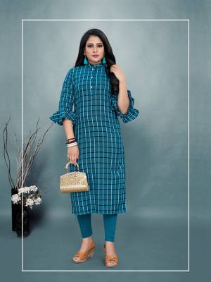 For Your Casual Or Semi-Casual Wear, Grab This Readymade Kurti In Blue Color Fabricated On Cotton. It Is Beautified With Checks Prints All Over With An Attractive Frill Pattern Sleeve. Pair This Up Same Or Black Colored Leggings, Plazzo Or Pants. Buy Now.