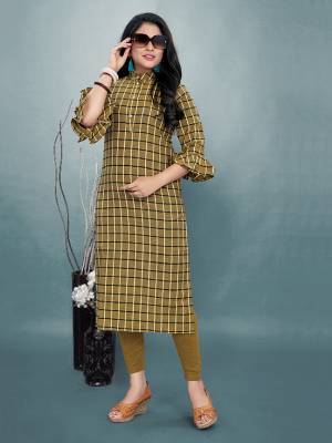 For Your Casual Or Semi-Casual Wear, Grab This Readymade Kurti In Olive Green Color Fabricated On Cotton. It Is Beautified With Checks Prints All Over With An Attractive Frill Pattern Sleeve. Pair This Up Same Or Black Colored Leggings, Plazzo Or Pants. Buy Now.