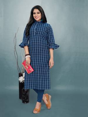 For Your Casual Or Semi-Casual Wear, Grab This Readymade Kurti In Dark Blue Color Fabricated On Cotton. It Is Beautified With Checks Prints All Over With An Attractive Frill Pattern Sleeve. Pair This Up Same Or Black Colored Leggings, Plazzo Or Pants. Buy Now.