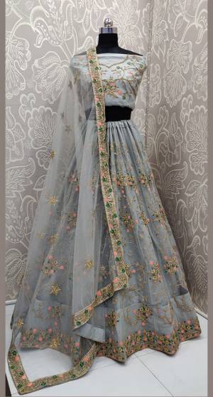 You Will Definitely Earn Lots Of Compliments Wearing This Heavy Designer Lehenga Choli In All Over Grey Color. Its Heavy Embroidered Blouse, Lehenga And Dupatta Are Fabricated On Net. Its Detailed Embroidery And Lovely Color will Give You A Look Like Never Before. 