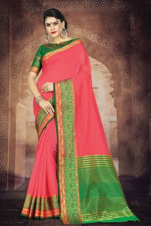 Simple And Elegant Silk Based Saree For Your Casual Or Semi-Casual Wear In Old Rose Pink Color Paired With Contrasting Green Colored Blouse. This Saree Is Light In Weight And easy To Carry all Day Long.