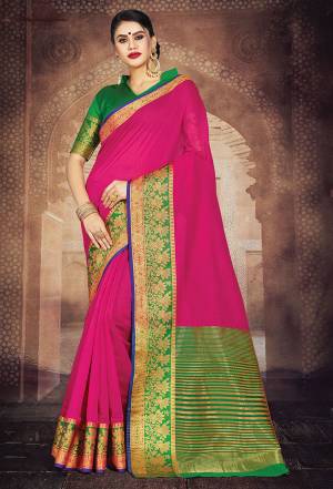 Flaunt Your Rich And Elegant Taste In This Simple Saree In Dark Pink Color Paired With Green Colored Blouse. This Saree And Blouse Are Fabricated On Art Silk Whih Gives A Rich Look To Your Personality. 