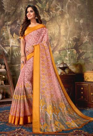 Look Pretty Wearing This Designer Printed Saree In Dusty Pink Color Paired With Musturd Yellow Colored Blouse. This Saree Is Fabricated On Cotton Paired With Cotton Silk Fabricated Blouse. 