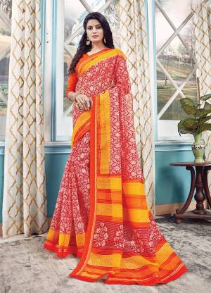 Add Some Casuals With This Printed Saree In Red Color Paired with Orange Colored Blouse. This Saree Is Fabricated On Super Net Paired With Art Silk Fabricated Blouse. Buy This Printed Saree Now.