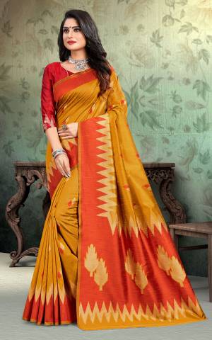 Simple And Elegant Silk Based Saree For Your Casual Or Semi-Casual Wear In Musturd Yellow Color Paired With Contrasting Red Colored Blouse. This Saree Is Light In Weight And easy To Carry all Day Long.
