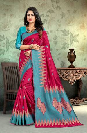 Simple And Elegant Silk Based Saree For Your Casual Or Semi-Casual Wear In Dark Pink Color Paired With Contrasting Blue Colored Blouse. This Saree Is Light In Weight And easy To Carry all Day Long.
