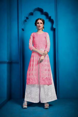 Celebrate This Festive Season With Beauty And Comfort Wearing This Designer Readymade Pair Of Kurti And Plazzo In Pink And White Color Respectively. This Lovely Pair Is Fabricated On Georgette Beautified With Tone To Tone Resham Embroidery. 