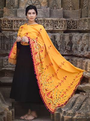Wrap it as a shawl in winters, Wear it as a dupatta on your plain punjabi kurtas And wear it on your ethnic dresses.  It Is decorated with fancy dazzling laces and cotton tassel laces, hand dyed in different shades. The intricate big motif heavy embroidery tribal designs makes it unique and a complete handicraft product.