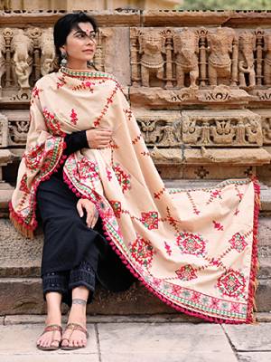 Wrap it as a shawl in winters, Wear it as a dupatta on your plain punjabi kurtas And wear it on your ethnic dresses.  It Is decorated with fancy dazzling laces and cotton tassel laces, hand dyed in different shades. The intricate big motif heavy embroidery tribal designs makes it unique and a complete handicraft product.