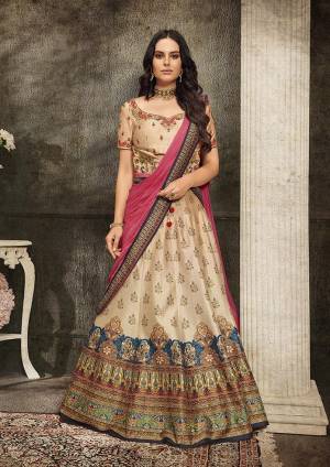 Grab This Beautiful Designer Two In One Lehenga Choli Cum Gown In?Peach And Dark Pink Color. You Can Get This Stitched As A Lehenga Or Floor Length Gown As Per Your Occasion And Convenience. Its Blouse Are Lehenga Are Fabricated On Soft Silk Beautified With Digital Prints And Embroidery Paired With Chiffon Fabricated Dupatta. Buy This Heavy Designer Piece Now