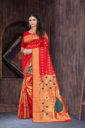 Celebrate This Festive Season Wearing This Saree In Red Color?Paired With Red Colored Blouse. This Saree And Blouse Are Art Silk Based Beautified With Weave