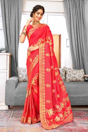 Shine Bright Wearing This Designer Saree In Red Color Paired With Red Colored Blouse. This Saree And Blouse Are Fabricated On Weaving Art Silk Beautified With Weave All Over. Buy Now.
