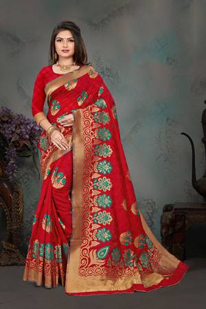 Grab This Pretty Foil Printed Designer Saree In Red Color Paired With Blue Colored Blouse, This Saree And Blouse Are Fabricated On Nylon Art Silk. Its Rich Fabric And Attractive Weave Will Earn You Lots Of Compliments From Onlookers. 