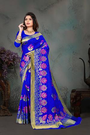 Grab This Pretty Foil Printed Designer Saree In Royal Blue Color Paired With Blue Colored Blouse, This Saree And Blouse Are Fabricated On Nylon Art Silk. Its Rich Fabric And Attractive Weave Will Earn You Lots Of Compliments From Onlookers. 