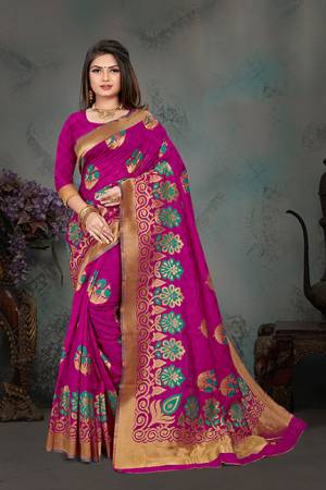 Grab This Pretty Foil Printed Designer Saree In Magenta Pink Color Paired With Blue Colored Blouse, This Saree And Blouse Are Fabricated On Nylon Art Silk. Its Rich Fabric And Attractive Weave Will Earn You Lots Of Compliments From Onlookers. 