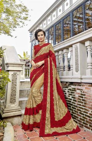 Evergreen Combination Is Here With This Heavy Designer Saree In Beige And Red Color. This Saree Chiffon Based Beautified With Heavy Embroidery Paired With Art Silk And Net Fabricated Embroidered Blouse. 