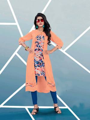 Add This Pretty Readymade Kurti In Light Orange And Multi Color Fabricated On Satin Beautified With Prints. It Is Light In Weight And Easy To Wear All Day Long. Buy Now.