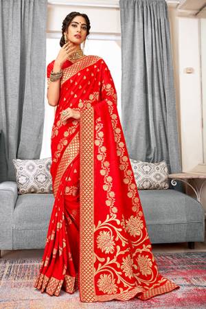 Celebrate This Festive Season Wearing This Designer Silk Based Saree In Red Color. This Saree And Blouse Are Fabricated Weaving Art Silk Beautified With Attractive Detailed Weave All Over.