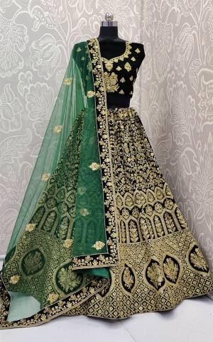 Here Is a Proper Heavy Traditional Lehenga Choli For The Upcoming Wedding Season In Dark Green Color Paired with A Very Pretty Green Colored Dupatta. This Heavy Embroidered Designer Lehenga Choli Is Fabricated On Velvet Paired With Net Fabricated Dupatta. Buy This Beautiful Traditional Piece Now.