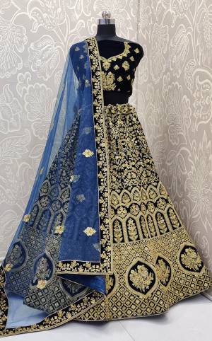 Here Is a Proper Heavy Traditional Lehenga Choli For The Upcoming Wedding Season In Navy Blue Color Paired with A Very Pretty Blue Colored Dupatta. This Heavy Embroidered Designer Lehenga Choli Is Fabricated On Velvet Paired With Net Fabricated Dupatta. Buy This Beautiful Traditional Piece Now.