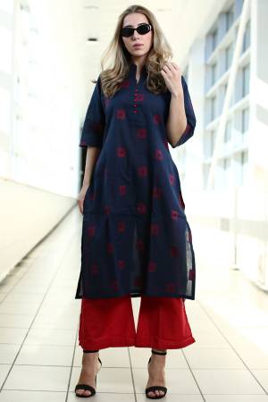 Simple And Elegant Kurta Set Is Here In Navy Blue Colored Kurti Paired With Red Colored Plazzo. This Kurti Is Fabricated On Organic Cotton Paired With Khadi Fabricated Bottom. Buy This Readymade Pair Now.