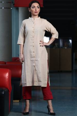Grab This Readymade Kurti In Beige Color Fabricated On Organic Cotton Paired With Red Colored Khadi Fabricated Bottom. Both Its Fabric Are Light Weight And Easy To Carry All Day Long. 