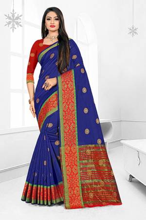 Celebrate This Festive Season With Ease And Comfort Wearing This?Royal Looking Silk Based Saree In Royal Blue Color Paired With Red Colored Blouse. This Saree Is Cotton Silk Based Paired With Art Silk Fabricated Blouse. Buy Now.