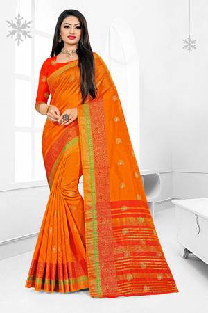Grab This Very Beautiful Designer Saree With A Royal Silk Touch In Orange Color Paired With Dark Orange Colored Blouse. This Saree Is Fabricated On Cotton Silk Paired With Art Silk Fabricated Blouse. It Has Very Elegant Heavy Weaved Border.