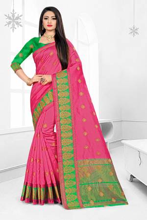 Celebrate This Festive Season With Ease And Comfort Wearing This?Royal Looking Silk Based Saree In Pink Color Paired With Green Colored Blouse. This Saree Is Cotton Silk Based Paired With Art Silk Fabricated Blouse. Buy Now.