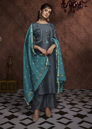 Go With The Shades Of Blue With This Readymade Suit In Navy Blue Color Paired With Blue Colored Dupatta. This Suit Is Fabricated On Soft Silk Paired With Banarasi Silk Fabricated Dupatta. 