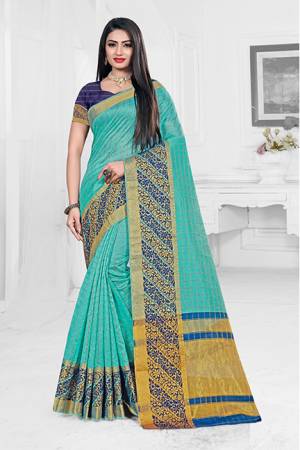 Celebrate This Festive Season With Ease And Comfort Wearing This?Royal Looking Silk Based Saree In Sky Blue Color Paired With Navy Blue Colored Blouse. This Saree Is Orgenza Silk Based Paired With Art Silk Fabricated Blouse. Buy Now.