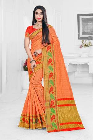 Grab This Very Beautiful Designer Saree With A Royal Silk Touch In Orange Color Paired With Red Colored Blouse. This Saree Is Fabricated On Orgenza Silk Paired With Art Silk Fabricated Blouse. It Has Very Elegant Heavy Weaved Border.