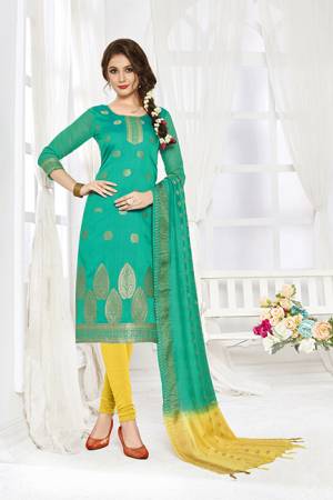 Look Pretty In This Simple And Elegant Looking Straight Suit In Sea Green And Yellow Color. This Dress Material Is Banarasi Art Silk Based Paired With Cotton Fabricated Bottom. Buy This Pretty Piece Now.