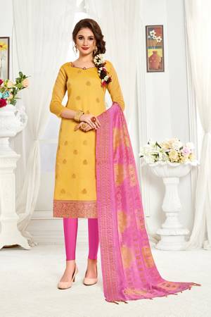 Look Pretty In This Simple And Elegant Looking Straight Suit In Yellow And Pink Color. This Dress Material Is Banarasi Art Silk Based Paired With Cotton Fabricated Bottom. Buy This Pretty Piece Now.
