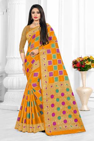 For A Proper Traditional Look With Traditional Color Pallete, Grab This Designer Saree In Musturd Yellow Color. This Saree Is Fabricated On Cotton Silk Beautified With Checks Pattern Paired With art Silk Fabricated Blouse.