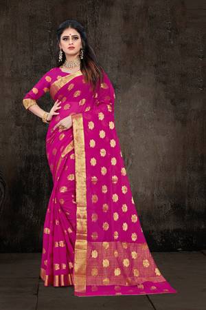 Here Is A Pretty Weaved Saree In Magenta Pink Color. This?Saree Is Fabricated On Chiffon Paired With Art Silk Fabricated Blouse. It Is Beautified With Attractive Weave All Over. Also It Is Light In Weight And Easy To Carry All Day Long. 
