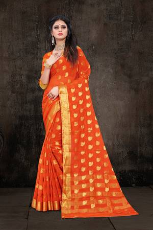 Here Is A Pretty Weaved Saree In Orange Color. This?Saree Is Fabricated On Chiffon Paired With Art Silk Fabricated Blouse. It Is Beautified With Attractive Weave All Over. Also It Is Light In Weight And Easy To Carry All Day Long. 