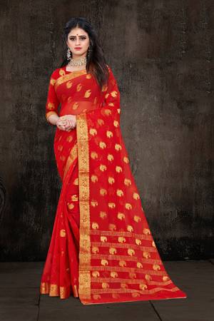 Here Is A Pretty Weaved Saree In Red Color. This?Saree Is Fabricated On Chiffon Paired With Art Silk Fabricated Blouse. It Is Beautified With Attractive Weave All Over. Also It Is Light In Weight And Easy To Carry All Day Long. 