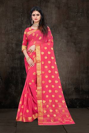 Here Is A Pretty Weaved Saree In Pink Color. This?Saree Is Fabricated On Chiffon Paired With Art Silk Fabricated Blouse. It Is Beautified With Attractive Weave All Over. Also It Is Light In Weight And Easy To Carry All Day Long. 