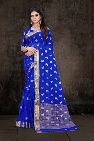 Here Is A Pretty Weaved Saree In Royal Blue Color. This?Saree Is Fabricated On Chiffon Paired With Art Silk Fabricated Blouse. It Is Beautified With Attractive Weave All Over. Also It Is Light In Weight And Easy To Carry All Day Long. 