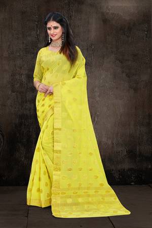 Here Is A Pretty Weaved Saree In Lime Yellow Color. This?Saree Is Fabricated On Chiffon Paired With Art Silk Fabricated Blouse. It Is Beautified With Attractive Weave All Over. Also It Is Light In Weight And Easy To Carry All Day Long. 