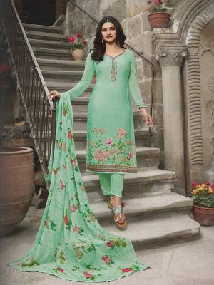 Celebrate This Festive Season Wearing This Designer Straight Suit In Sea Green Color. Its Top Is Crepe Based Paired With Santoon Bottom And Chiffon Fabricated Dupatta. It Has Pretty Floral Print And Elegant Embroidery Which Gives A Pretty Look. 