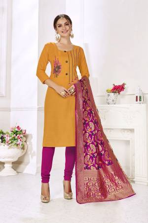 If Those Readymade Suit Does Not Lend You The Desired Comfort Than Grab This Designer Cotton Based Dress Material And Get This Stitched As Per Your Desired Fit And Comfort, Its Top Is In Musturd Yellow Color Paired With Contrasting Magenta Pink Colored Bottom And Dupatta.