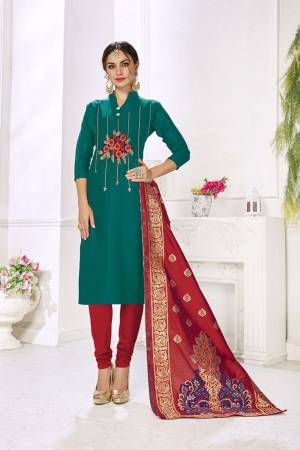 Celebrate This Festive Season With Beauty And Comfort Wearing This Designer Straight Suit In Teal Blue Color Paired With Contrasting Red Colored Bottom And Dupatta. This Dress Material Is Cotton based Paired With Jacquard Silk Fabricated Dupatta. Buy Now.