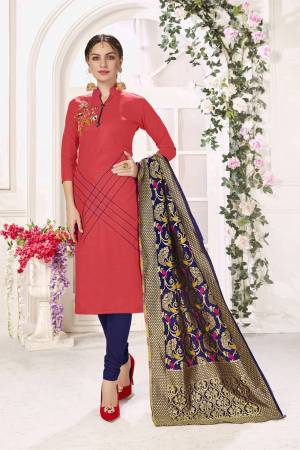 If Those Readymade Suit Does Not Lend You The Desired Comfort Than Grab This Designer Cotton Based Dress Material And Get This Stitched As Per Your Desired Fit And Comfort, Its Top Is In Old Rose Pink Color Paired With Contrasting Navy Blue Colored Bottom And Dupatta.