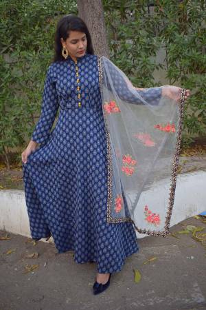 Grab This Designer Floor Length Readymade Suit In Navy Blue Color Paired With Grey Colored Dupatta. Its Weaved Top Is Fabricated On Cotton Jacquard Paired With Santoon Bottom And Net Fabricated Embroidered Dupatta. 