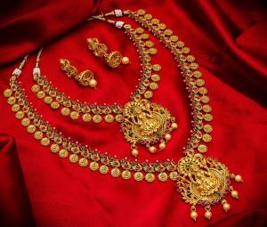 For A Queen Look, Here Is A Designer Royal Looking Necklace Set With Two Necklaces. This Necklace Set Can Be Paired With Heavy Or Light Ethnic Attire Alos Can Be Wore Single Or Both At A Time For More Enhanced Look. Buy Now