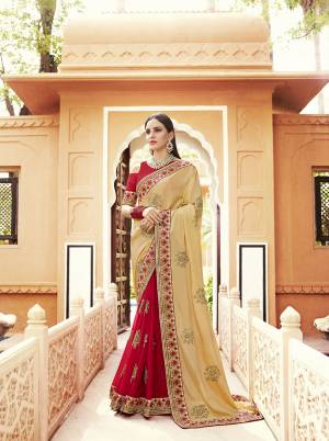 Evergreen Color Pallete Is Here With This Designer Saree In Cream And Red Color Paired With Red Colored Blouse. This Saree Fabricated On Chiffon And Georgette Paired With Art Silk Fabricated Blouse. 