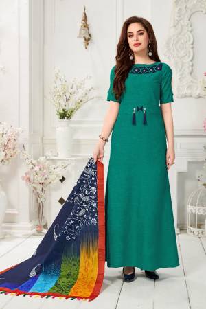 Celebrate This Festive Season With Beauty And comfort Wearing This Readymade Gown In Teal Green Color Paired With Navy Blue And Multi colored Digital Printed Dupatta. This Gown Is Fabricated On Cotton Slub Paired With Chanderi Cotton Dupatta.