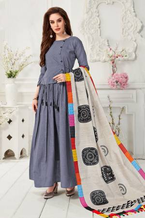 Celebrate This Festive Season With Beauty And comfort Wearing This Readymade Gown In Dark grey Color Paired With Light Grey And Multi colored Digital Printed Dupatta. This Gown Is Fabricated On Cotton Slub Paired With Chanderi Cotton Dupatta.
